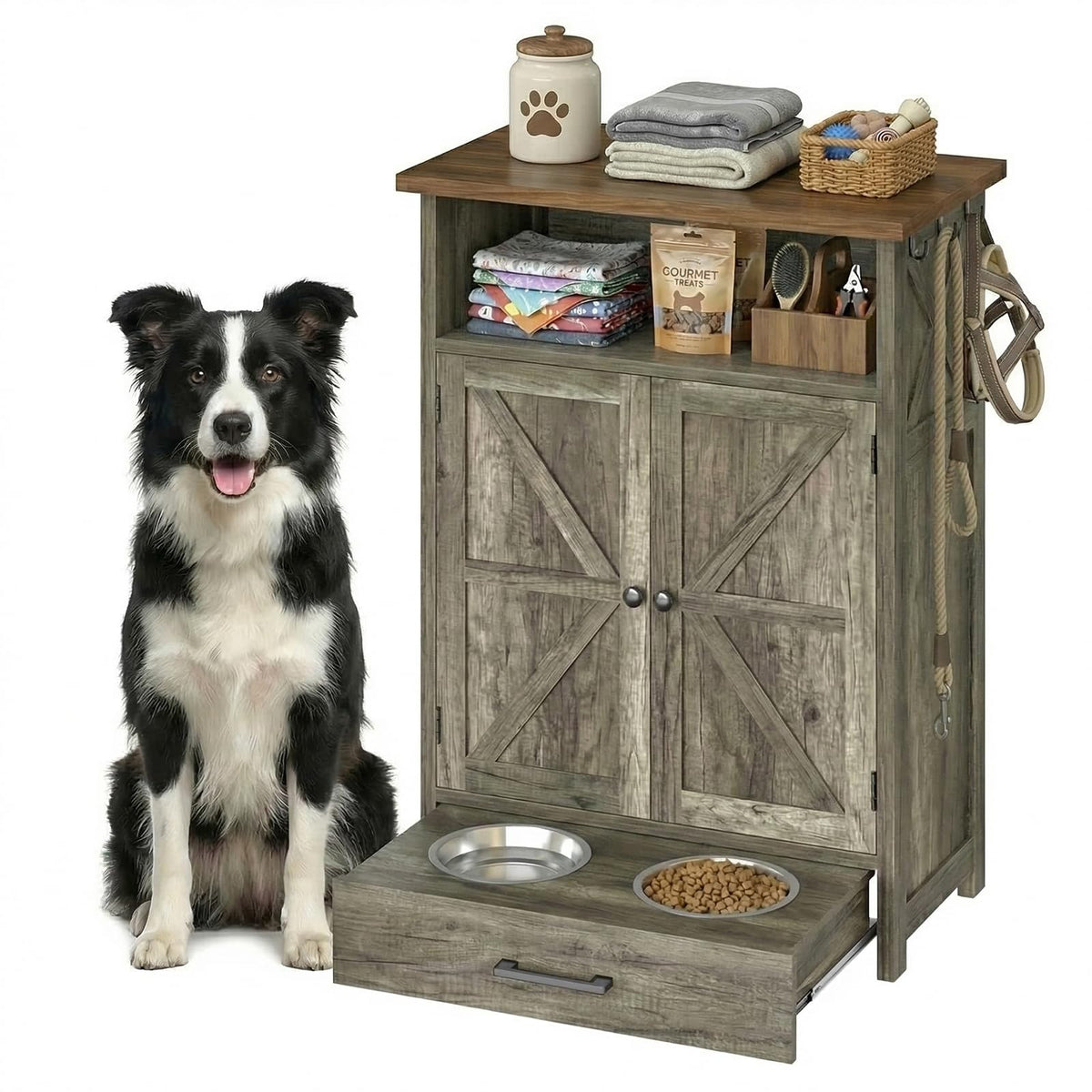 Dog Feeding Station with Storage Cabinet, Raised 2 Elevated Dog Bowls with Hidden Drawer, Pet Feeding Station with Storage, Dog Food Storage Cabinet with 3 Side Hooks, Pet Storage Station
