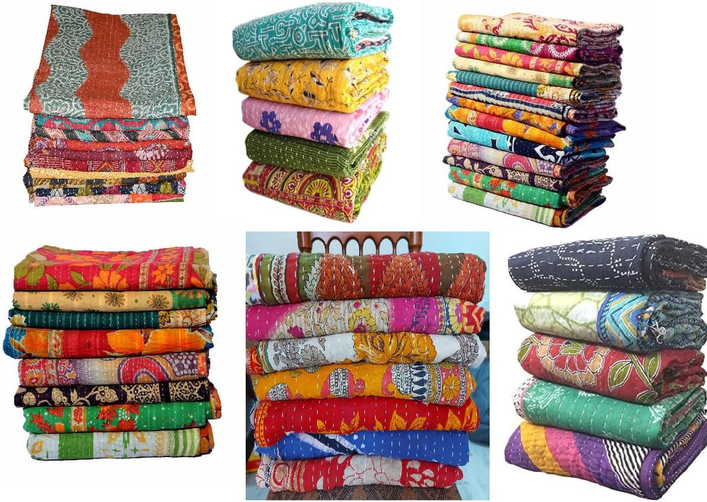 Handmade Vintage Kantha Quilt 3-Layer Cotton Blanket, Bohemian Kantha Throw, Reversible Patchwork Gudari Blanket for Bed, Couch, Sofa (54 x 84 1pices)