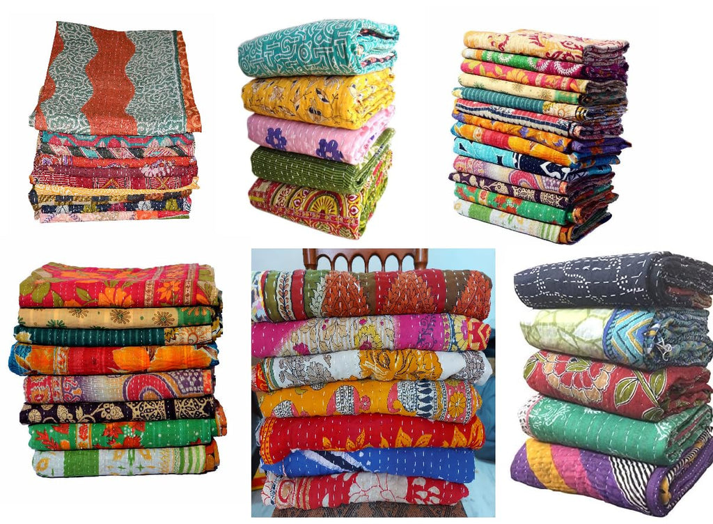 Handmade Vintage Kantha Quilt 3-Layer Cotton Blanket, Bohemian Kantha Throw, Reversible Patchwork Gudari Blanket for Bed, Couch, Sofa (54 x 84 1pices)