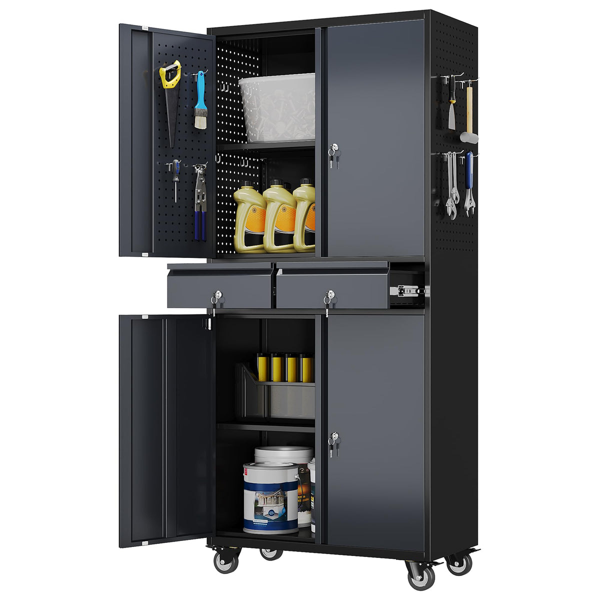 Aobabo 71" Metal Storage Cabinet with Wheels, 5 Shelves & Pegboards, Black