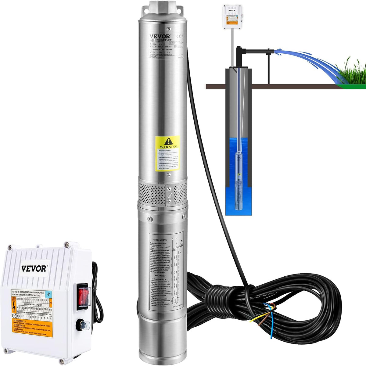 VEVOR Deep Well Submersible Pump 2 HP 230V/60Hz 37 GPM Flow 427 ft Head