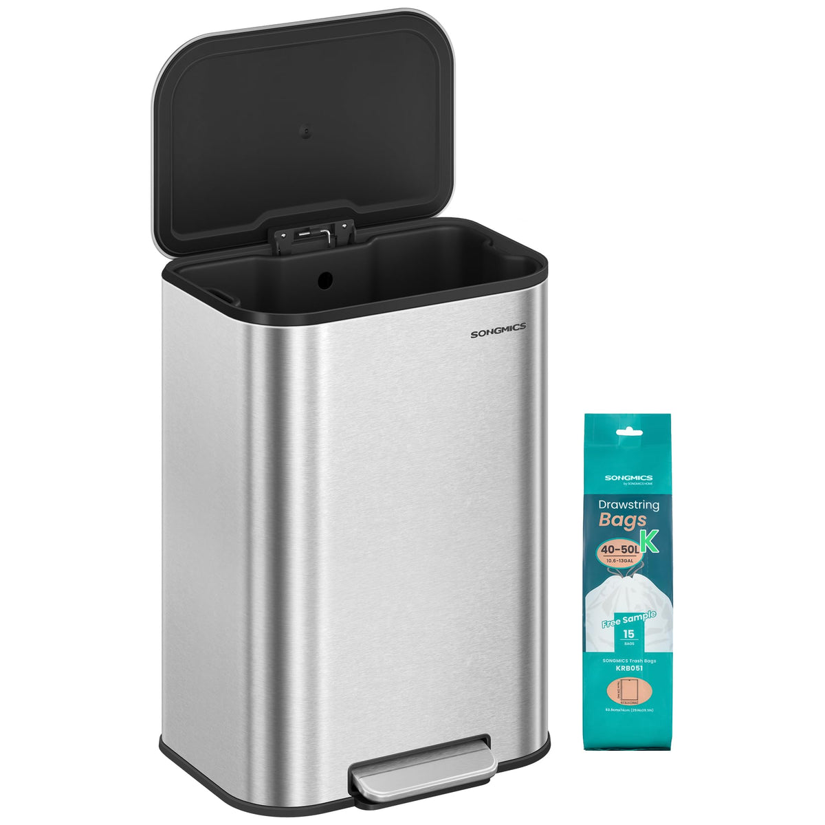 SONGMICS Kitchen Trash Can, 13-Gallon (50 L), Stainless Steel, Soft Close