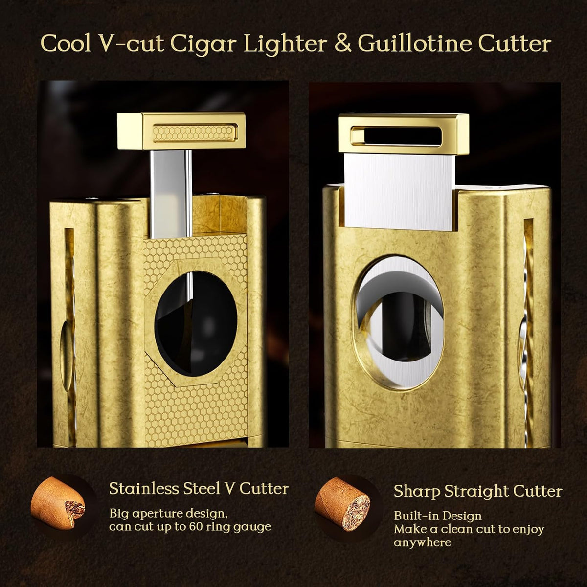6-in-1 Cigar Torch Lighter, with Straight&V Cigar Cutter, 2 Cigar Punches, Cigar Draw Enhancer, Cigar Holder, Quad Flame Windproof Butane Lighter, Multifunctional Cigar Accessories, Gifts for Men