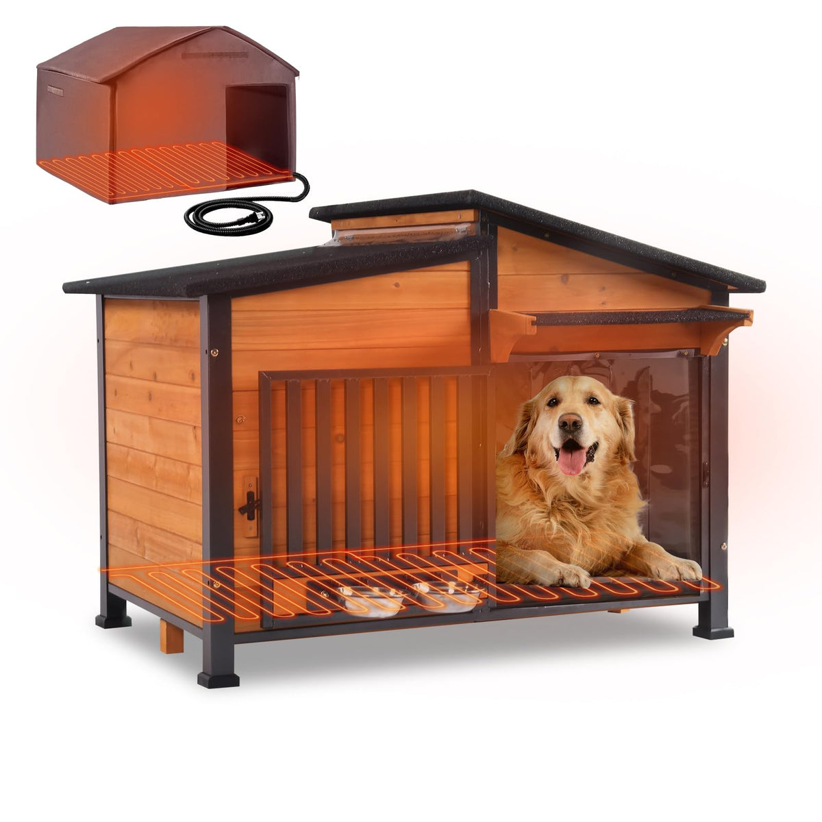GUTINNEEN Heated Dog House Outdoor Insulated Dog House Weatherproof Dog Kennel with Thermostat-Controlled Heating Pad, 6-Sided Thermal Liner, Chew-Proof Metal Frame for Dogs