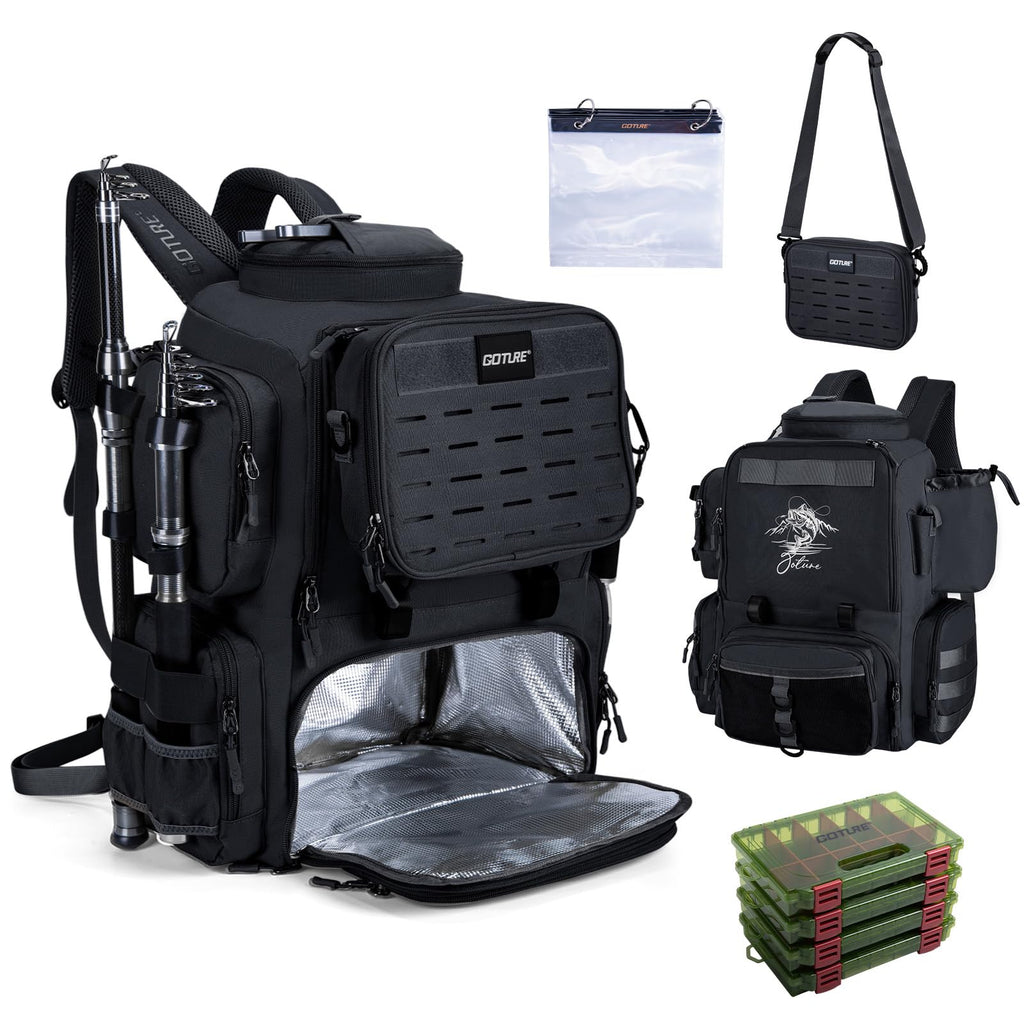Goture Fishing Backpack with Cooler, 4 Tackle Boxes, Detachable Sling Bag