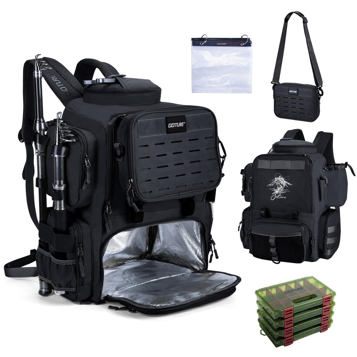 Goture Fishing Backpack with Cooler, 4 Tackle Boxes, Detachable Sling Bag