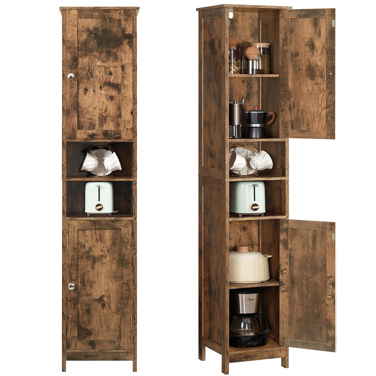 TEENFON Tall Bathroom Storage Cabinet with 4 Doors & 2 Adjustable Shelves