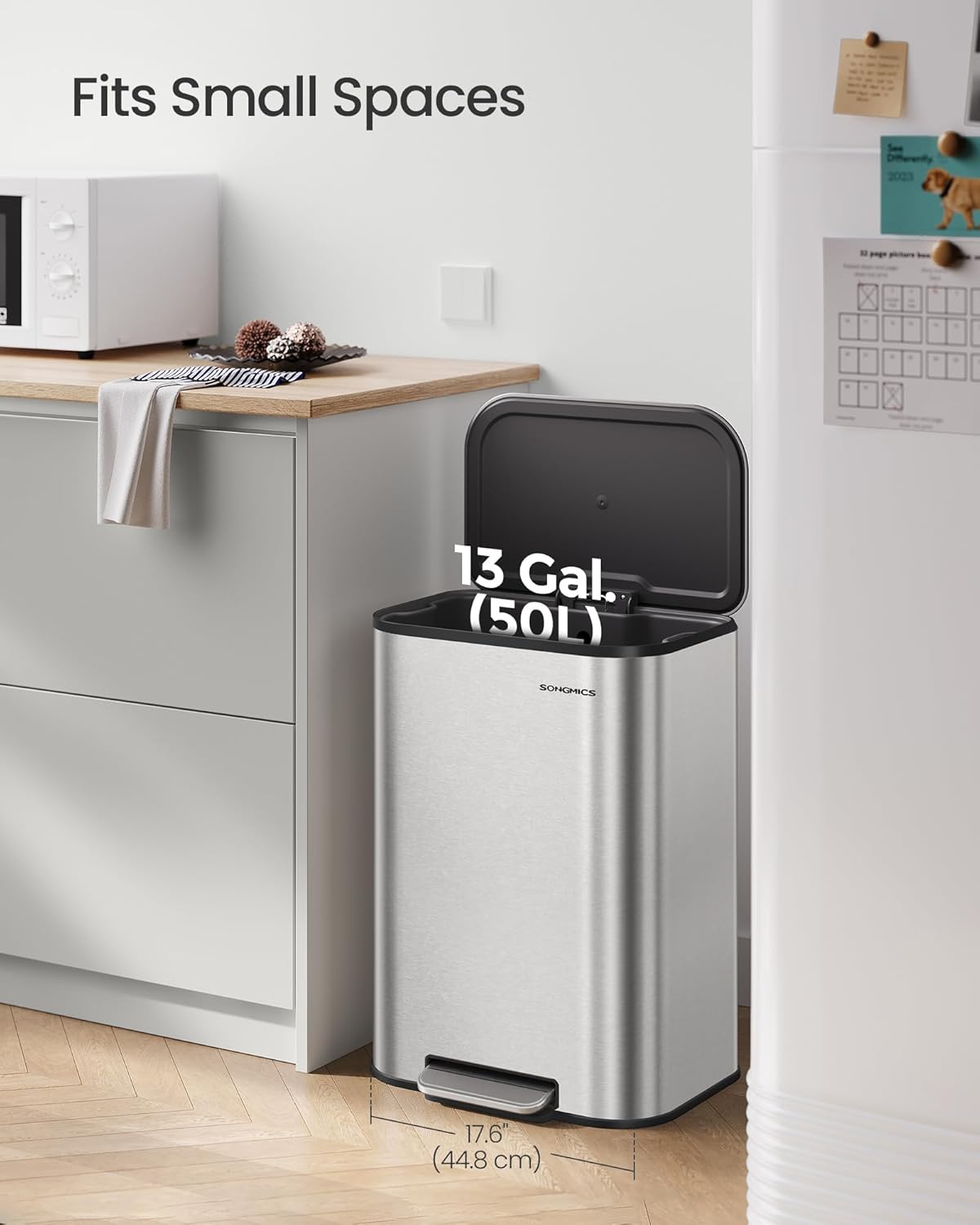 SONGMICS Kitchen Trash Can, 13-Gallon (50 L), Stainless Steel, Soft Close
