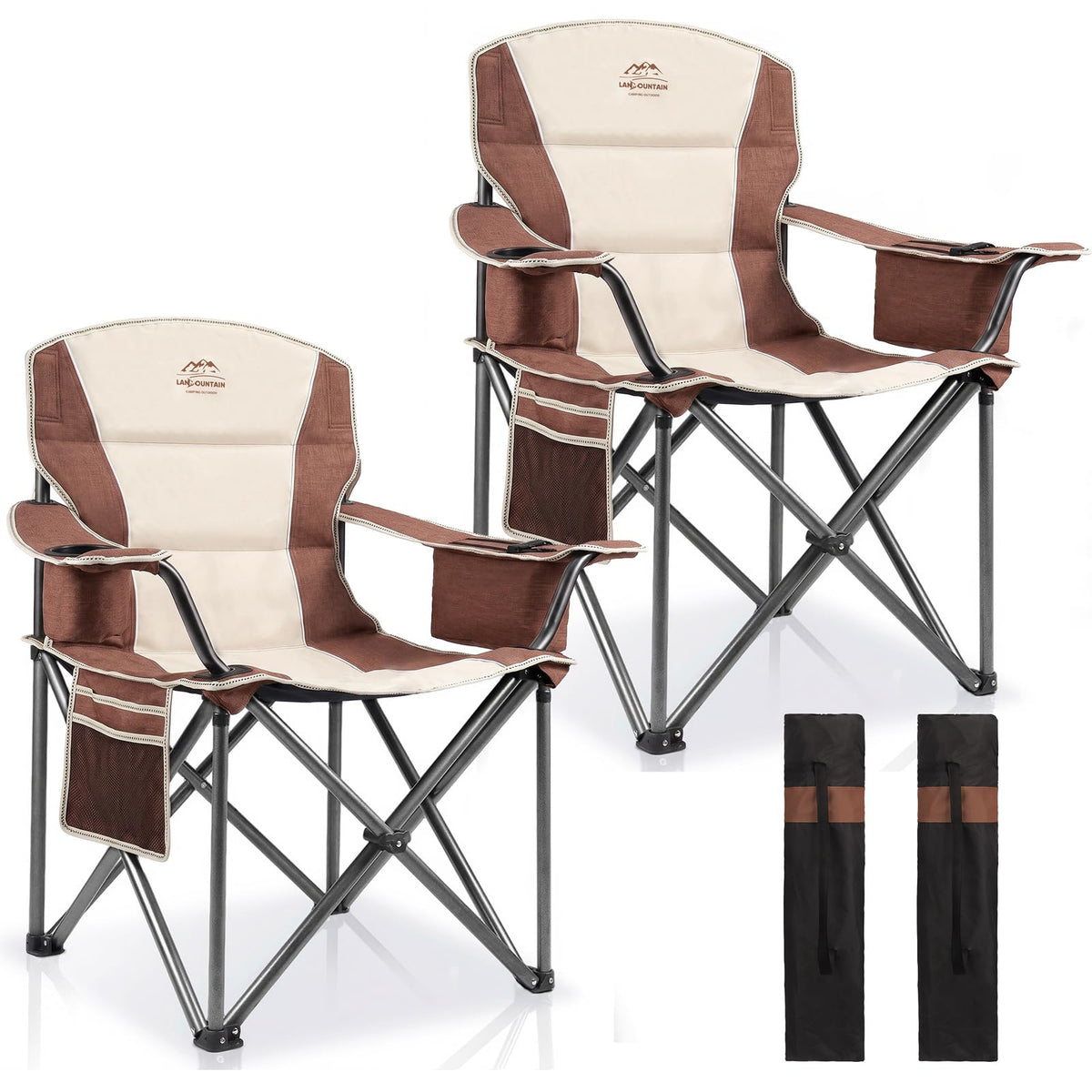 2 Pack Padded Oversized Camping Chairs for Adults,Heavy Duty Support 400 Lbs,Folding Portable Lawn Chair w/Cup Holder,Cooler Bag,Side Pocket,Perfect for Outdoor Picnic,Hiking(Orange&Blue)