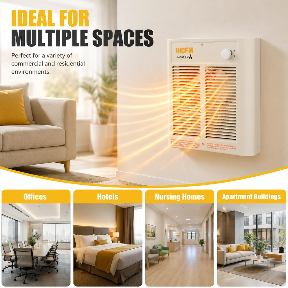HICFM Electric Fan Forced Wall Heater Compact Unit Fast & Efficient Heating with Thermostat, Dual Voltage 240V 2000W 6825BTU (208V 1500W 5120BTU), Install Hole by 9 1/4” Wide X 11 1/8” Tall