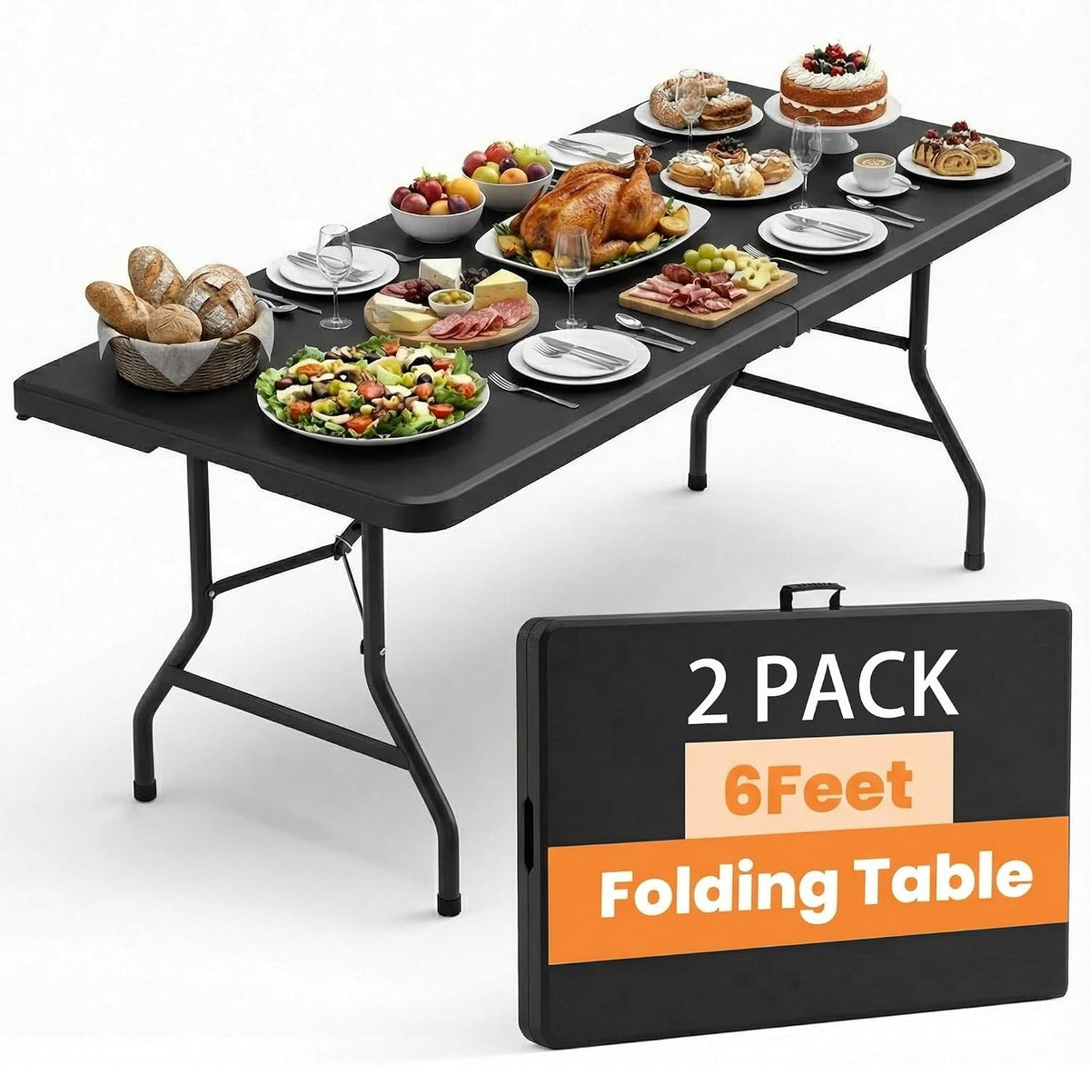 2 Pack Folding Tables 6FT Plastic Utility Foldable Tables, Black