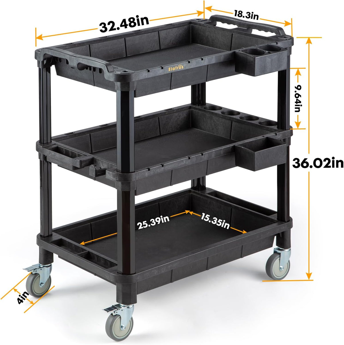 ELAFROS 3-Shelf Heavy Duty Rolling Utility Cart, 32.4 x 18.3 in