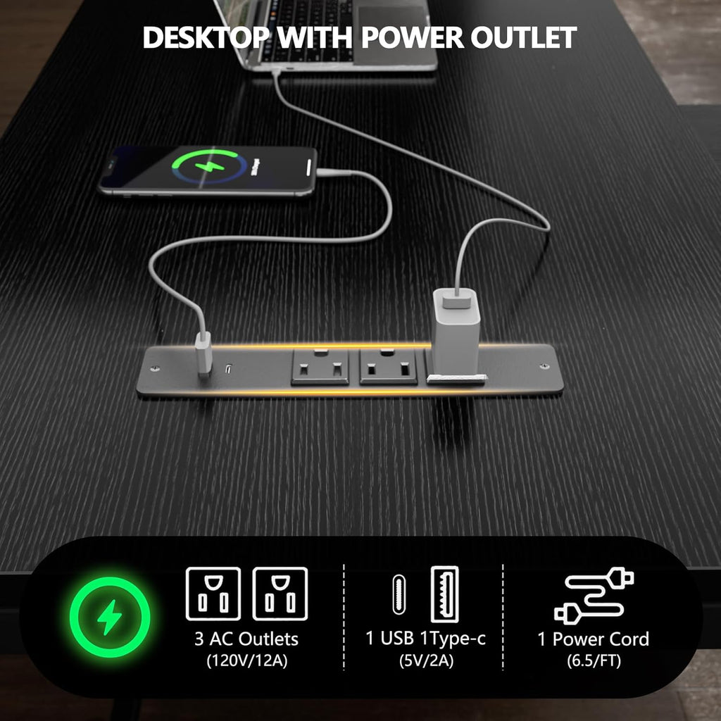 Korfile 59 inch L Shaped Computer Desk with Power Outlets, Black
