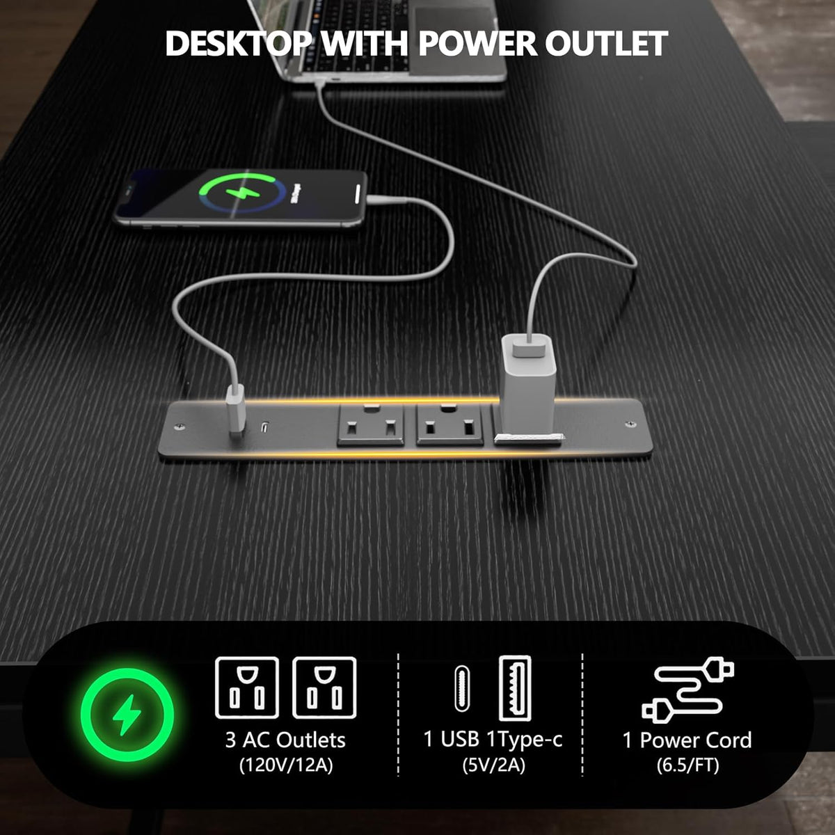 Korfile 59 inch L Shaped Computer Desk with Power Outlets, Black