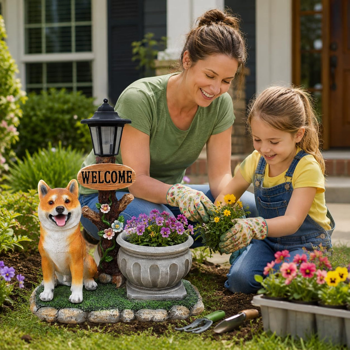Solar Chihuahua Dog Statue with Welcome Sign & Lantern, Resin Puppy Garden Figurine Planter Pot, Realistic Outdoor LED Light for Porch, Yard Art & Lawn Decor, Unique Gift for Dog Lovers