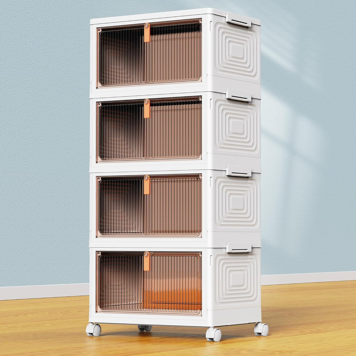 YFXCVSL 4 Tier Plastic Storage Bins with Lid 102QT, Stackable Storage Containers with Wheels, Folding Storage Boxes, Stackable Storage Bins, Organizers and Storage for Living Room