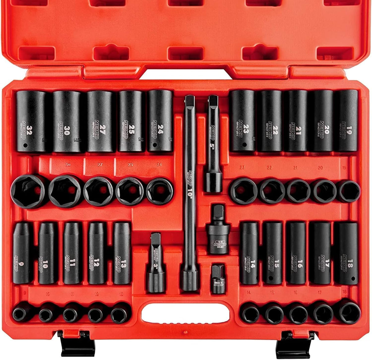 NEIKO 02448A 1/2" Drive Master Impact Socket Set, 65 Piece, Standard SAE (3/8"-1-1/4") & Metric (10-24 mm) Sizes, Deep & Shallow Kit, Includes Adapters & Ratchet Handle