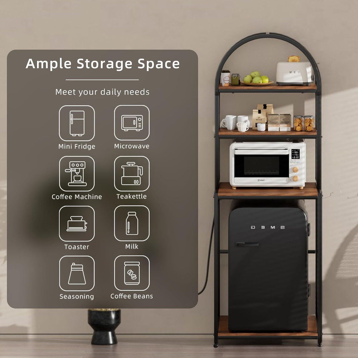 Arched Metal Mini Fridge Stand with Power Outlet and Wheels, Black