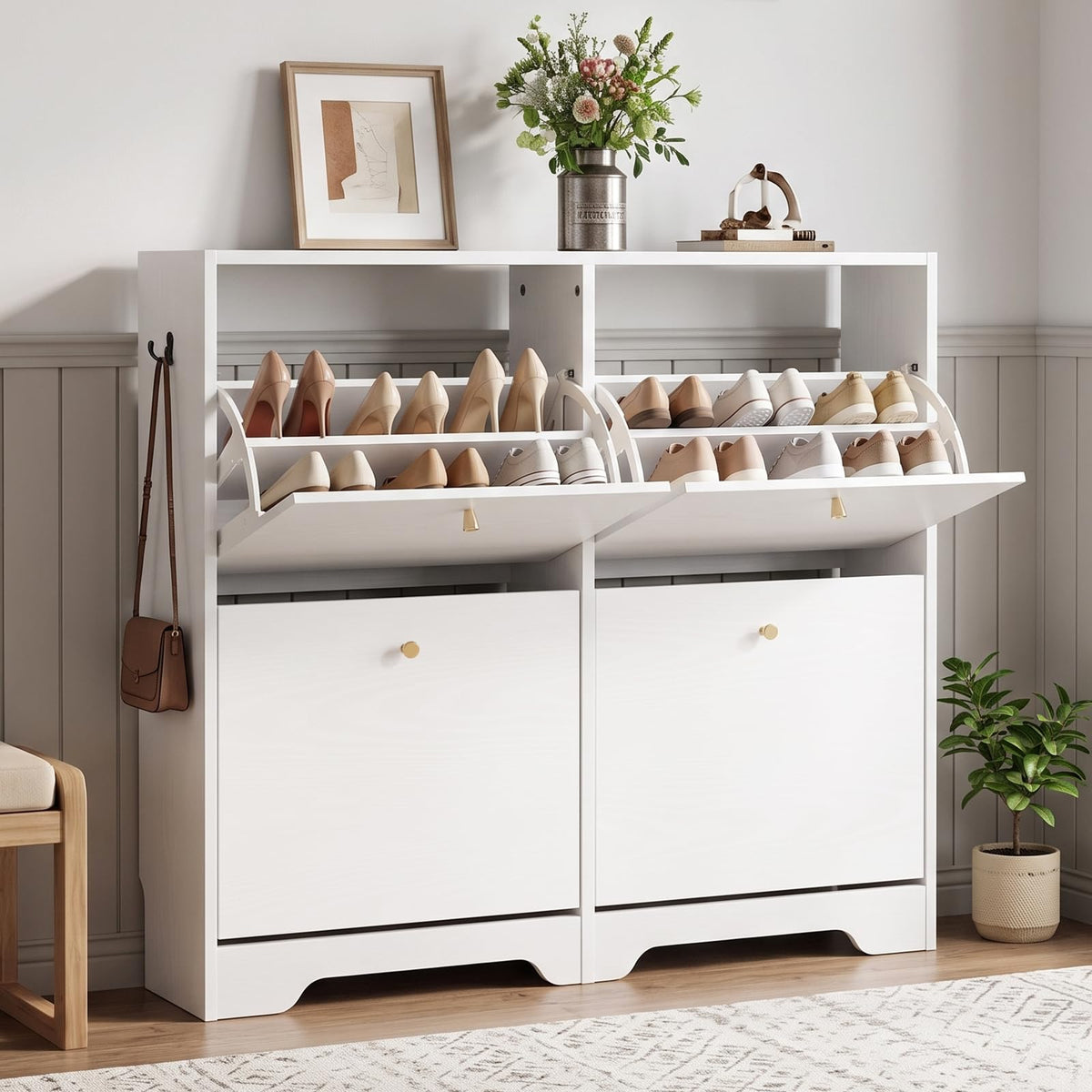 Nicetree Shoe Cabinet with 3 Flip Drawers, Narrow Shoe Organizer Cabinet, Freestanding Shoe Rack Cabinet, Modern Shoe Storage Cabinet for Entryway, Hallway, Foyer, White