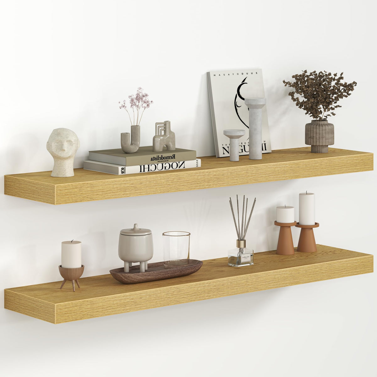 Fun Memories Floating Shelves - 2 Pack 12 Inch Rustic Wooden Wall Shelves - Extra Deeper & Thicker Wall Mounted Storage Shelf for Living Room, Kitchen, Farmhouse - 36" W x 12" D x 1.8" H - Brown
