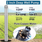 2" Deep Well Submersible Pump with Control Box, 1/2HP 110V Deep Well Pump