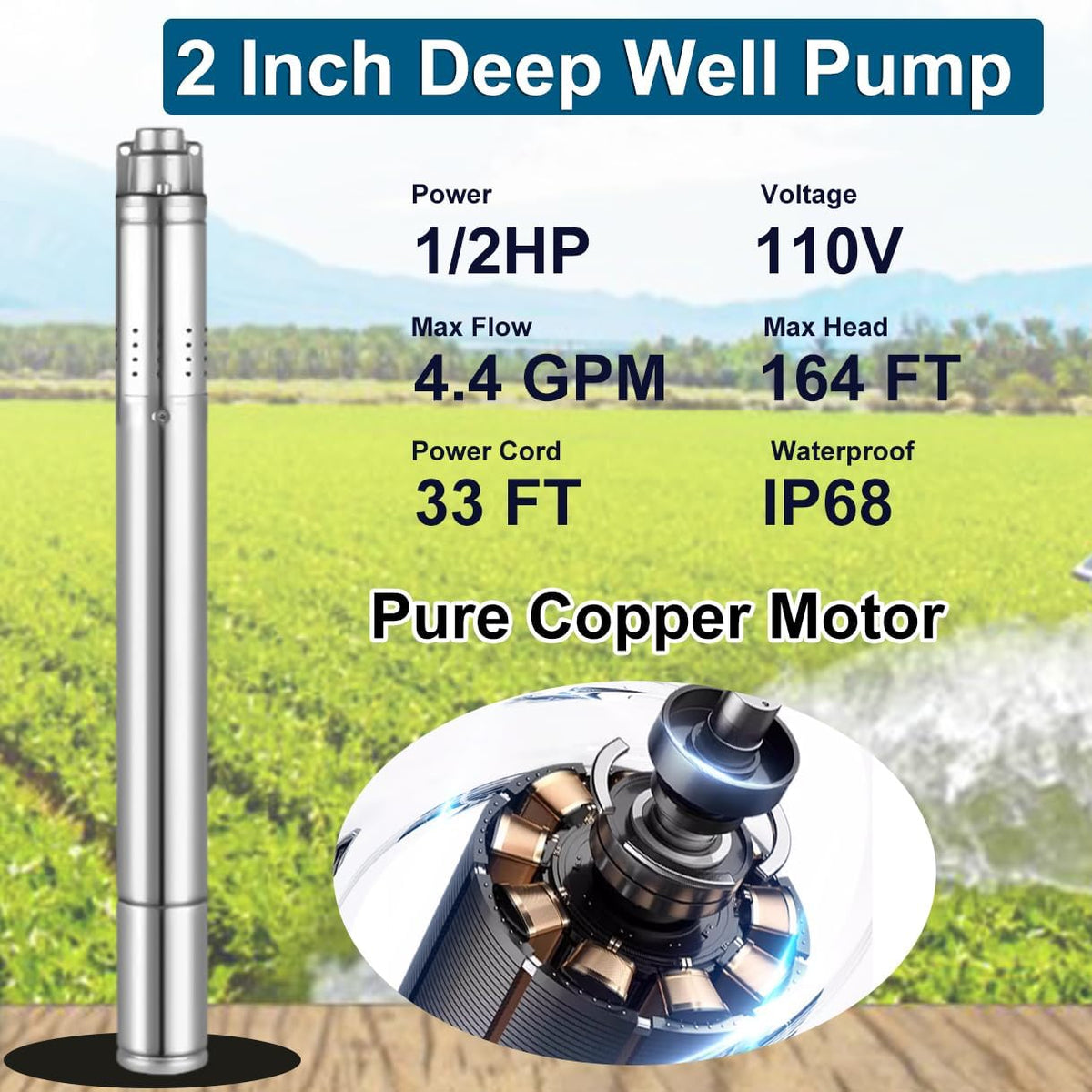 2" Deep Well Submersible Pump with Control Box, 1/2HP 110V Deep Well Pump