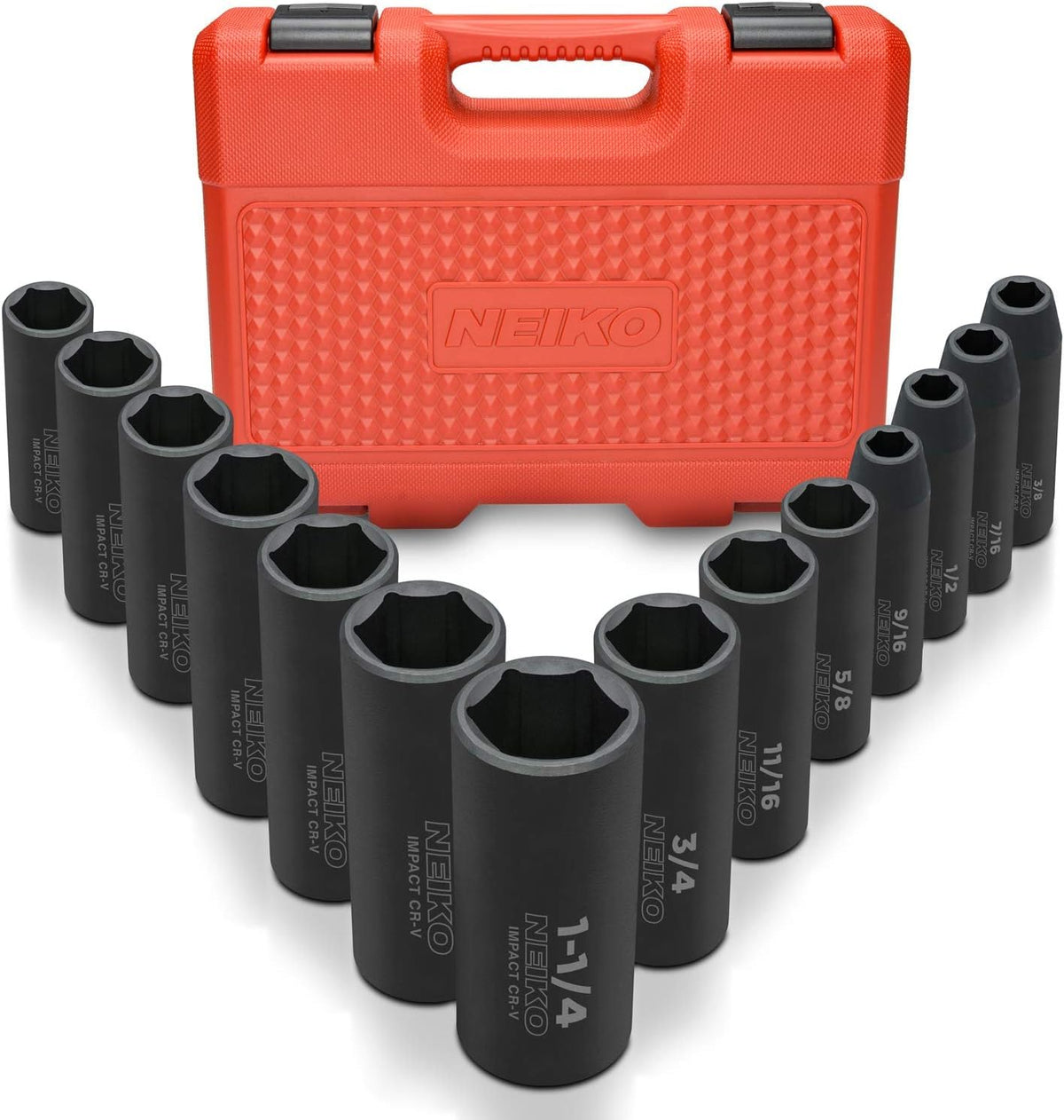 NEIKO 02448A 1/2" Drive Master Impact Socket Set, 65 Piece, Standard SAE (3/8"-1-1/4") & Metric (10-24 mm) Sizes, Deep & Shallow Kit, Includes Adapters & Ratchet Handle