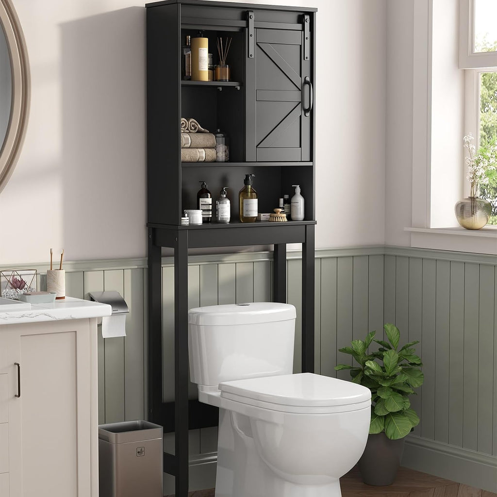 Over The Toilet Storage Cabinet, Bathroom Organizer with Adjustable Shelves and Anti-Tip Device, Space-Saving Storage Solution, Black
