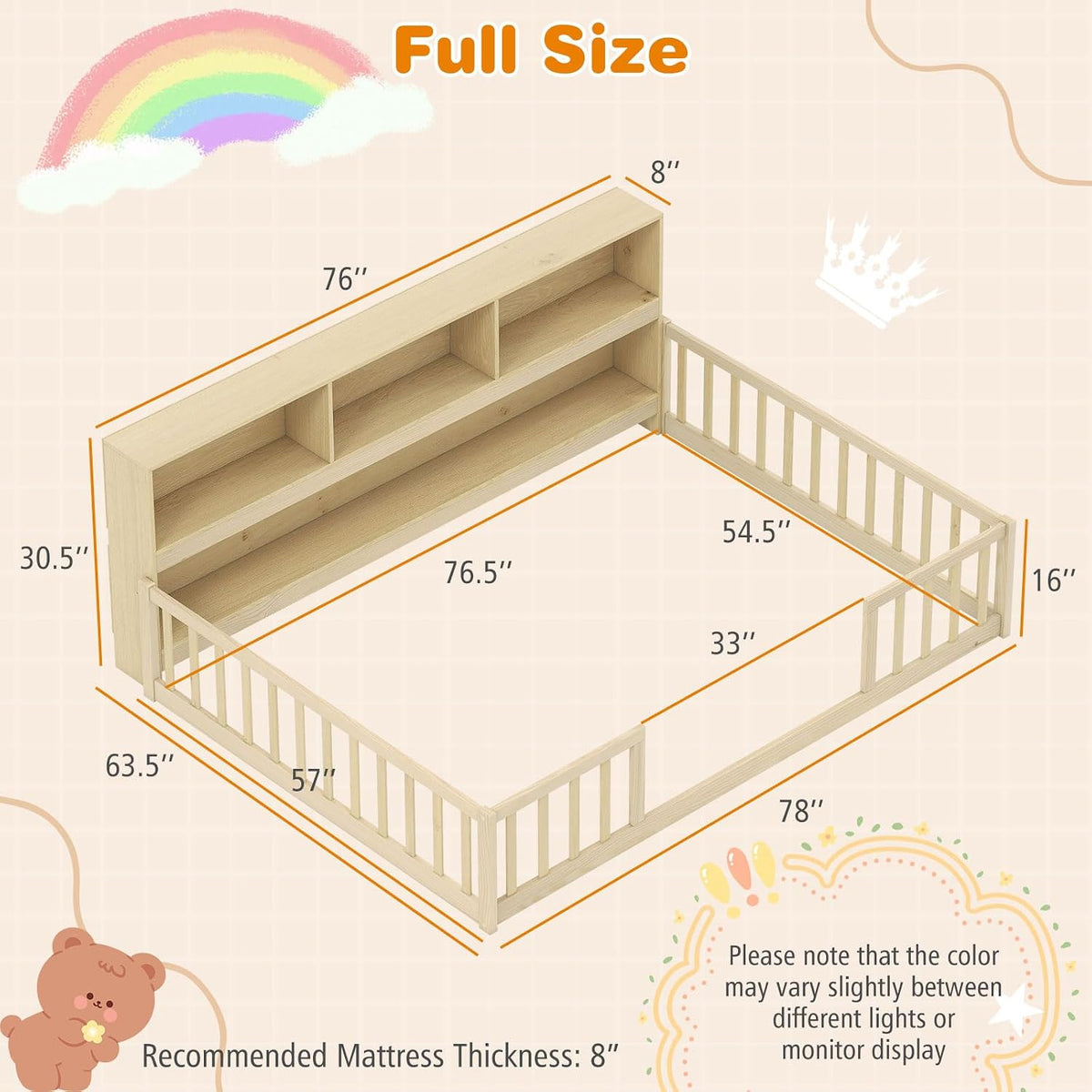 GIANTEX Full Size Floor Bed for Kids, Wooden Montessori Bed Frame with Bookcase, Storage Shelves & Safety Fence Rails, Floor Beds Full for Girls, Boys, No Box Spring Needed, Without Slats, Natural