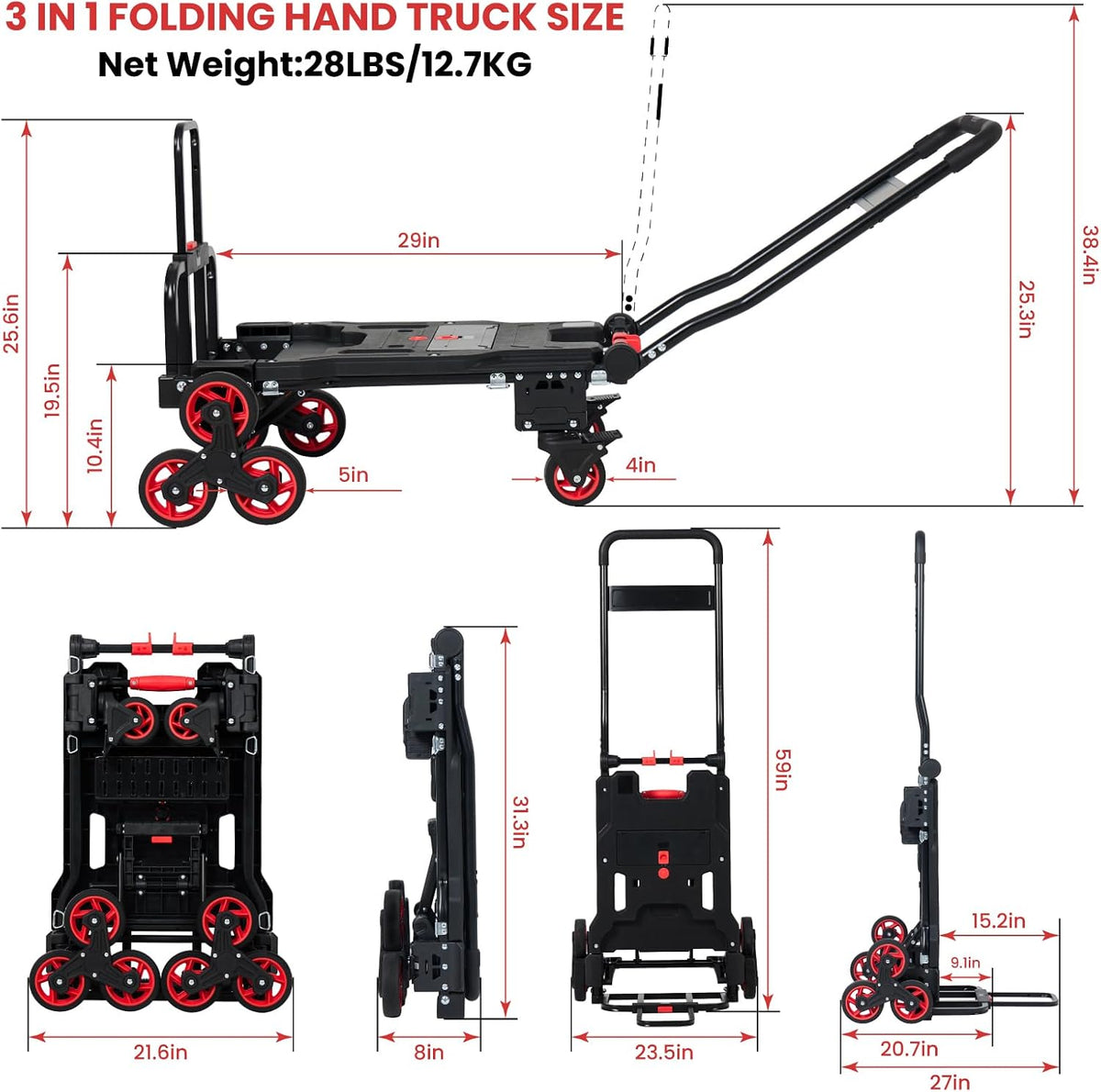 Upgraded 3 in 1 Convertible Folding Hand Truck with Brakes, Hand Truck Dolly Heavy Duty 660lbs Capacity, Stair Climbing Cart with Adjustable Shovel Board and Fixed Handle for Moving
