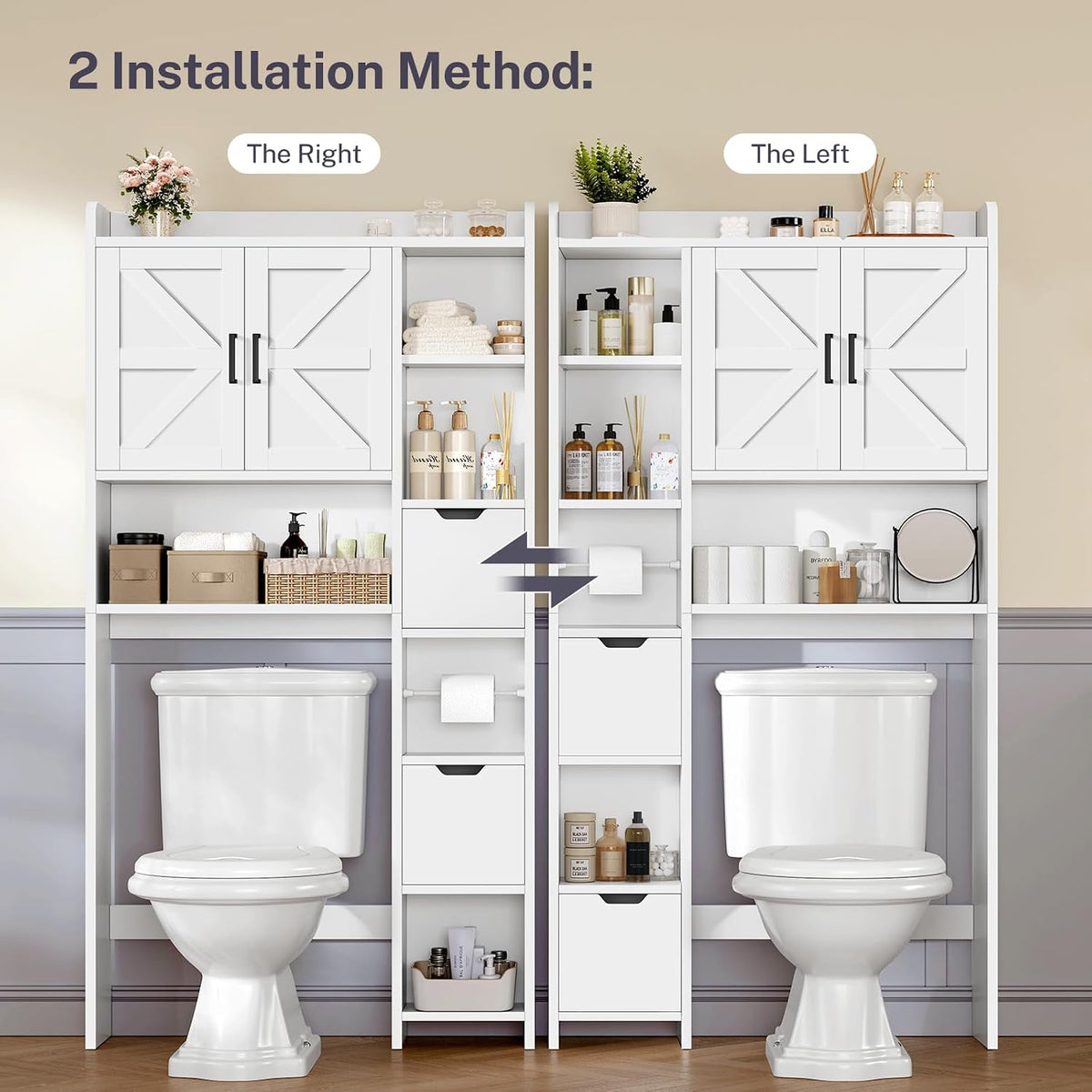 TEENFON Over the Toilet Storage Cabinet with 2 Removable Drawers, Above Toilet Storage Cabinet with 10 Storage Shelves, Taller Wooden Free Standing Bathroom Storage, Laundry Room Storage Shelf, White