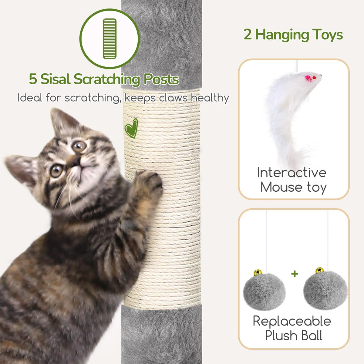 Globlazer 52in Cat Tree Tower for Indoor Cats, 2 Condos, S52, Light Grey