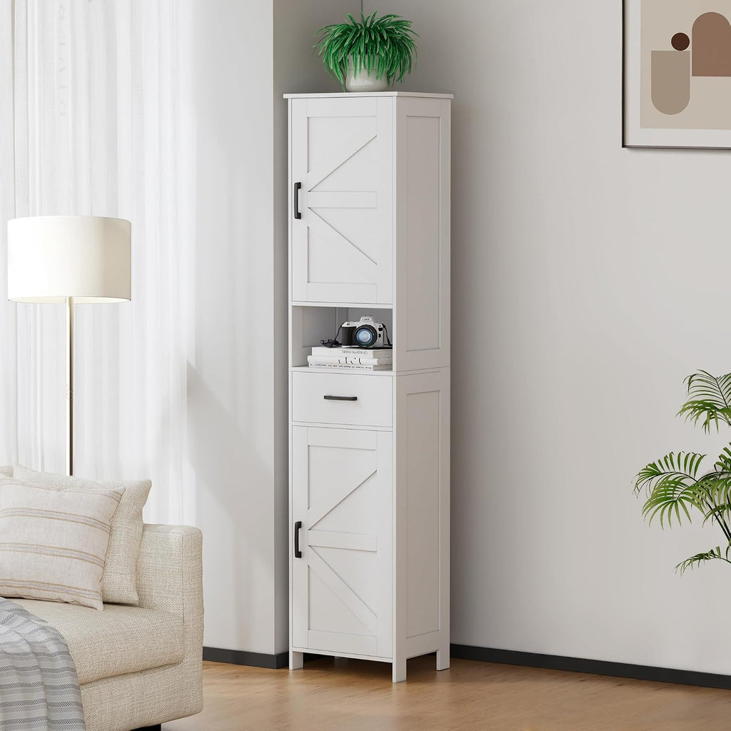 Homhedy 67" H Tall Bathroom Storage Cabinet with Barn Doors and Drawer