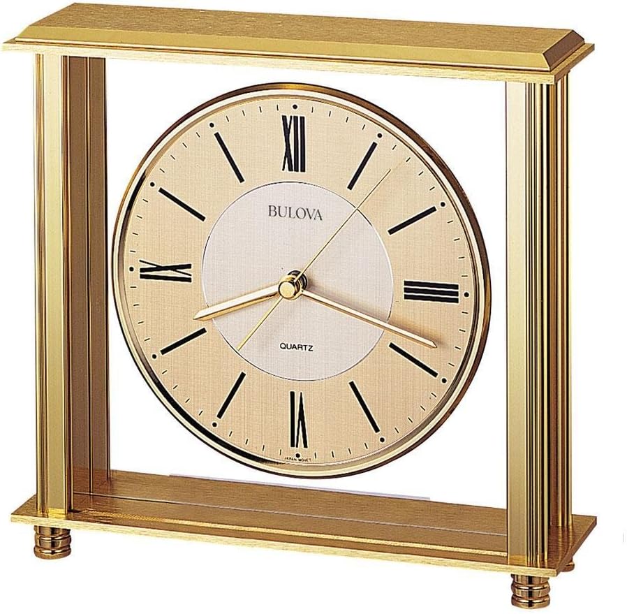 Bulova B1700 Grand Prix Table Clock | Brass MetalFinish | Glass Enclosure with Two-Tone Metal Dial | Quiet Sweep | Elegant Desktop Timepiece for Offices & Collectors