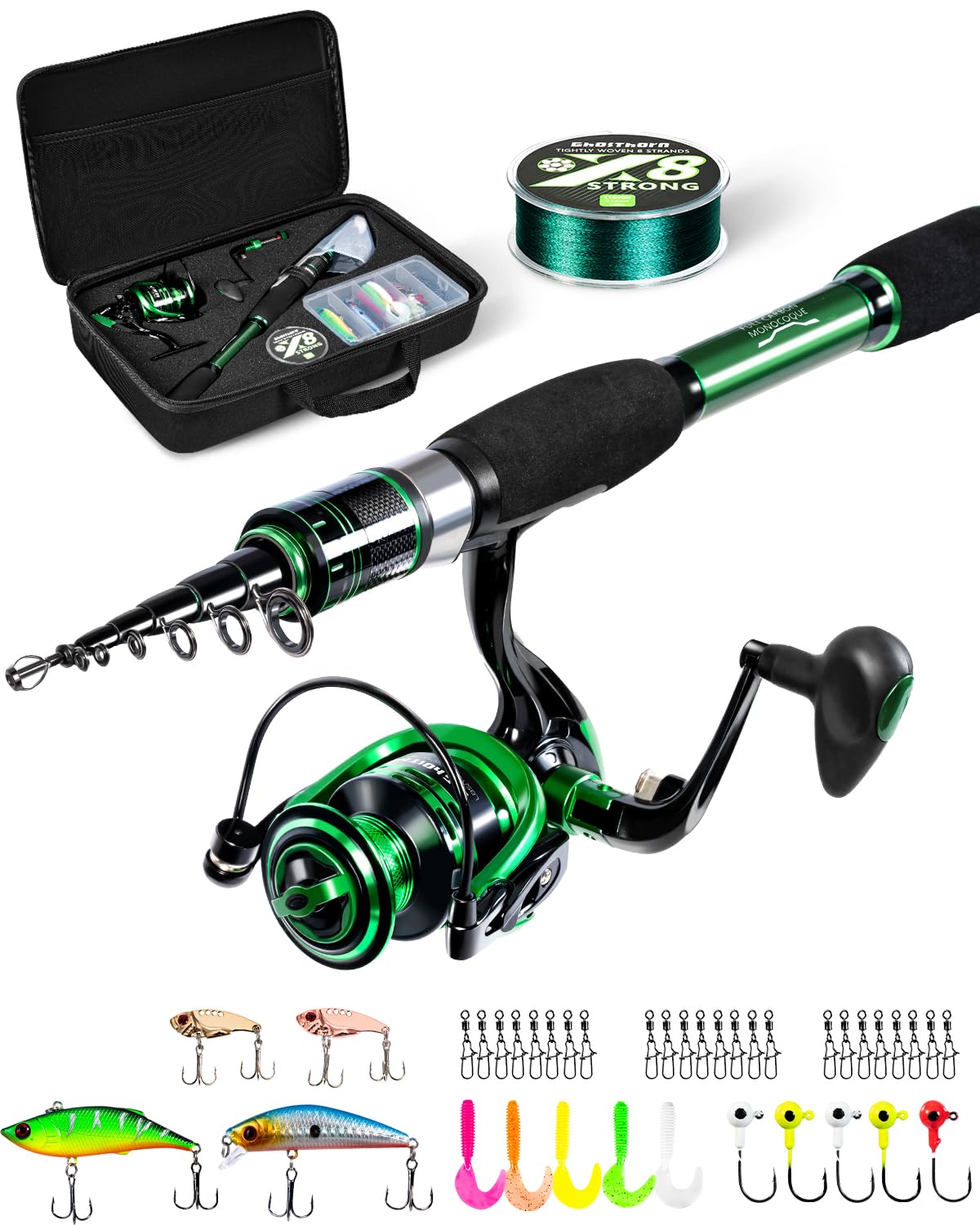 Ghosthorn Telescopic Fishing Rod and Reel Combo,Spinning Travel Kit