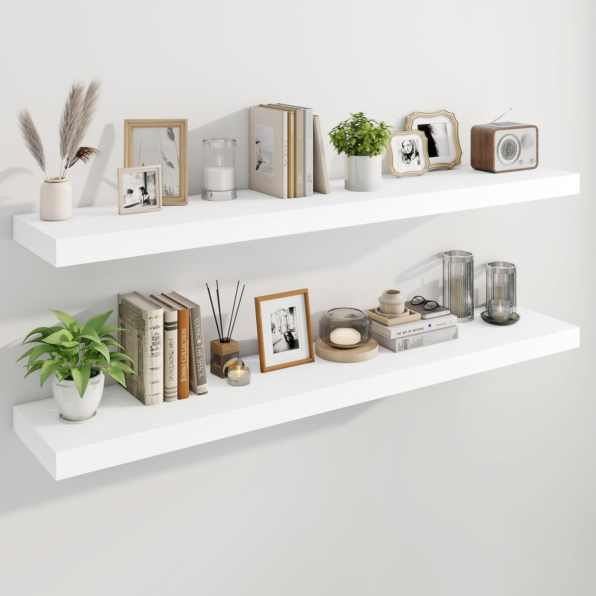 Marsmiles 55" Floating Shelves for Wall, Wooden Shelves with Invisible Brackets Set of 2, Rustic Farmhouse Wall Mounted Shelf for Kitchen Bathroom Living Room Study, White