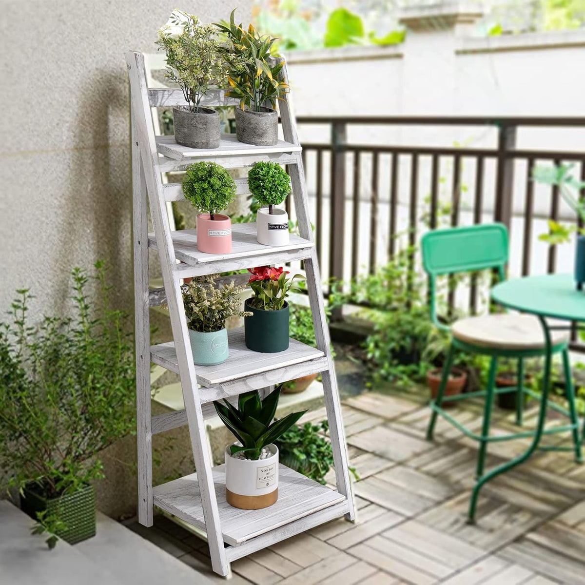 ACEHOME 4 Tier Ladder Bookshelf, 45.7 Inch Home Office Bookcase, Industrial Ladder Shelf, Freestanding Storage Organizer Rack, Solid Wood Shelf with for Bedroom, Living Room, Home Office-White