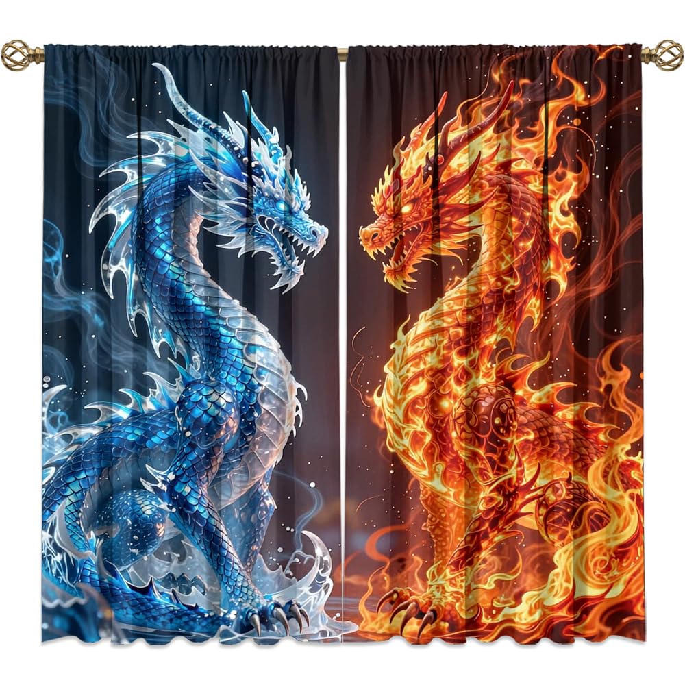 Traditional Ukiyoe Wildlife Dragon Curtains-Dreamy Ancient Japan Architecture Rod Pocket Back Tab Window Drapes,Japanese Samurai Thermal Insulated Blackout Curtain,2pcs,Each 52“W x 96”L