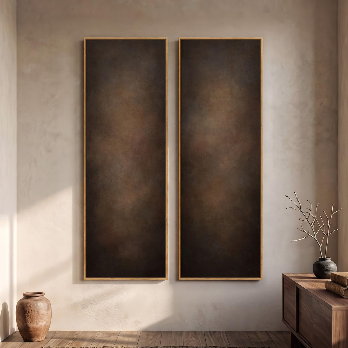 Large Framed Beige Cream Abstract Vertical Wall Art for Hallway, 2 Piece