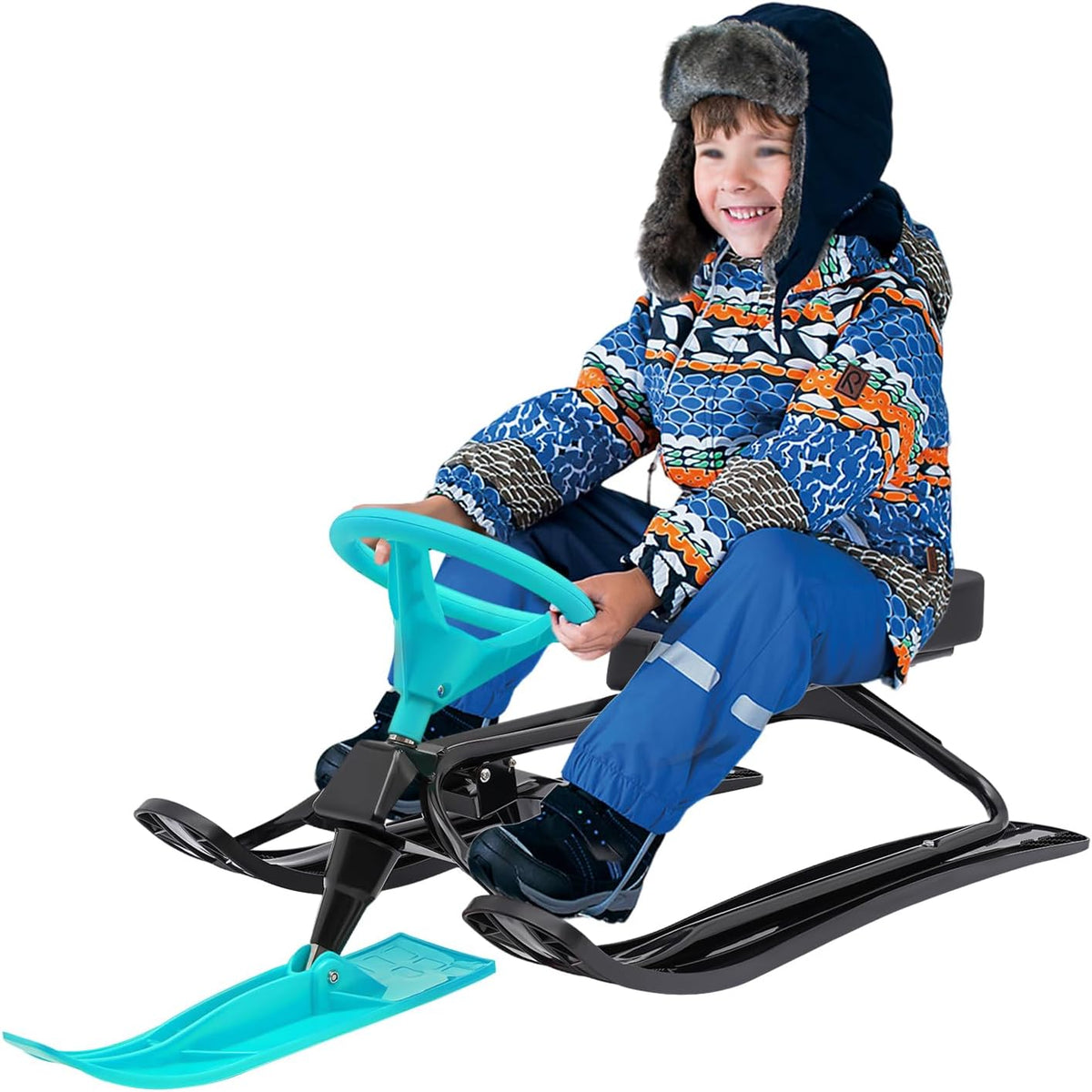 Snow Sled for Kids, Snow Racer Sled with Steering Wheel, Winter Ski Sled Snow Sled KidSuitable for 3-15 Years Kid, Green