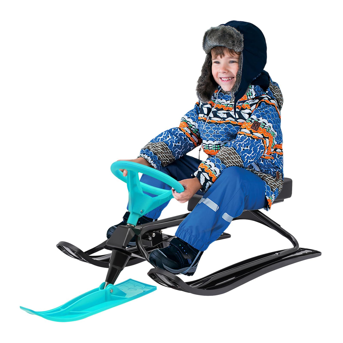Snow Racer Sled, Ski Sled with Steering Wheel & Twin Brakes, Durable Steel Frame, Great Weight Capacity of 220 LBS, Sled for Kids Age 6 & Up, Teenagers Adult