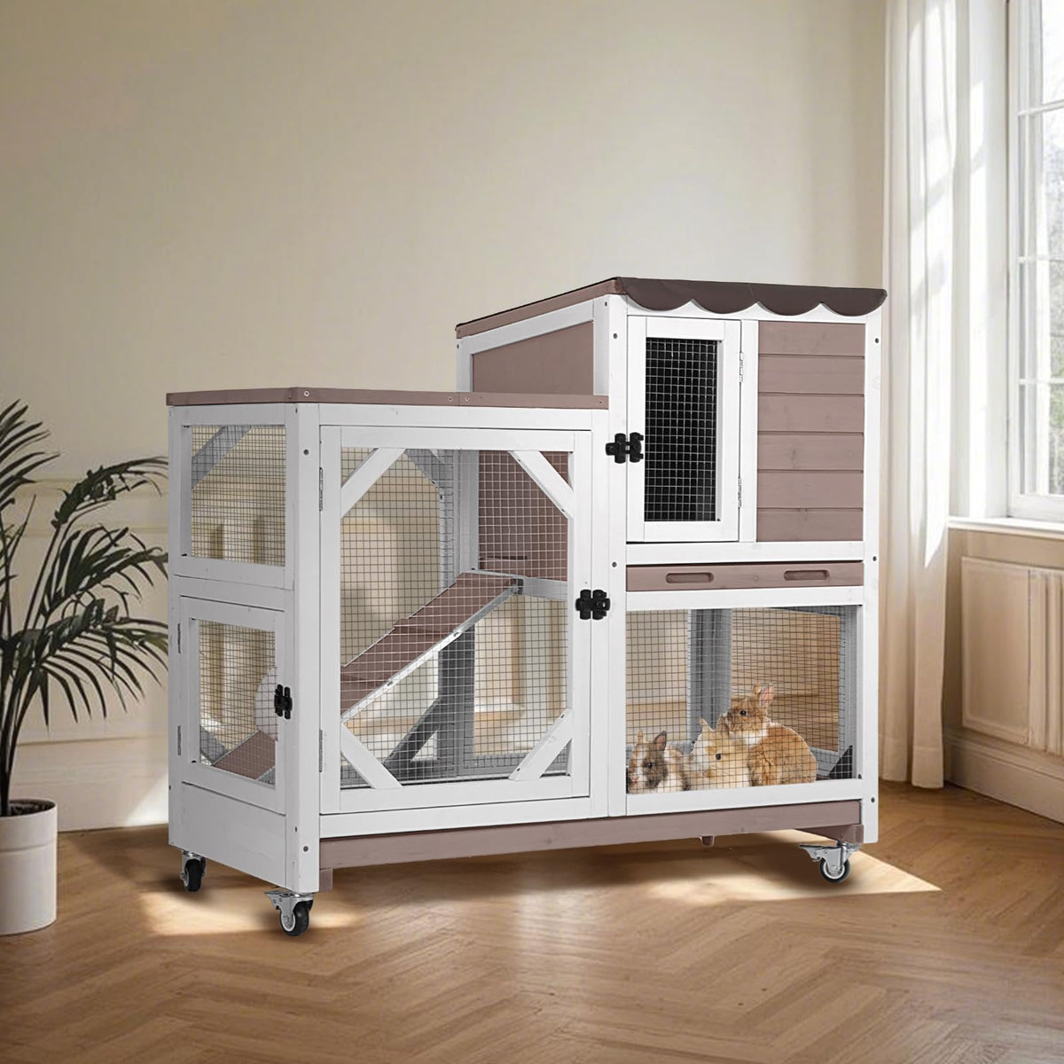 Suumerpety 2-Story Wooden Rabbit Hutch with Chew-Proof Ramp, Dual Leak-Proof Pull-Out Trays & 4 Lockable Wheels, Indoor Outdoor Bunny Cage for Rabbits & Guinea Pigs (Grey)