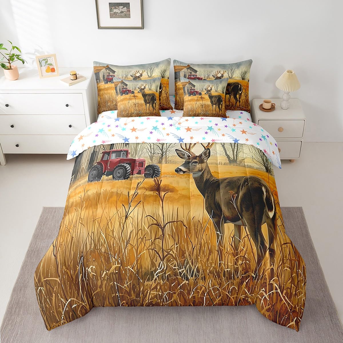 Feelyou Deer Comforter Set with Sheets King Size 7 piece Kids Rustic Deer Hunting Bedding Set Cabin Lodge Deer Bed in a Bag Farmhouse Nature Wildlife Antlers Brown Bed Set