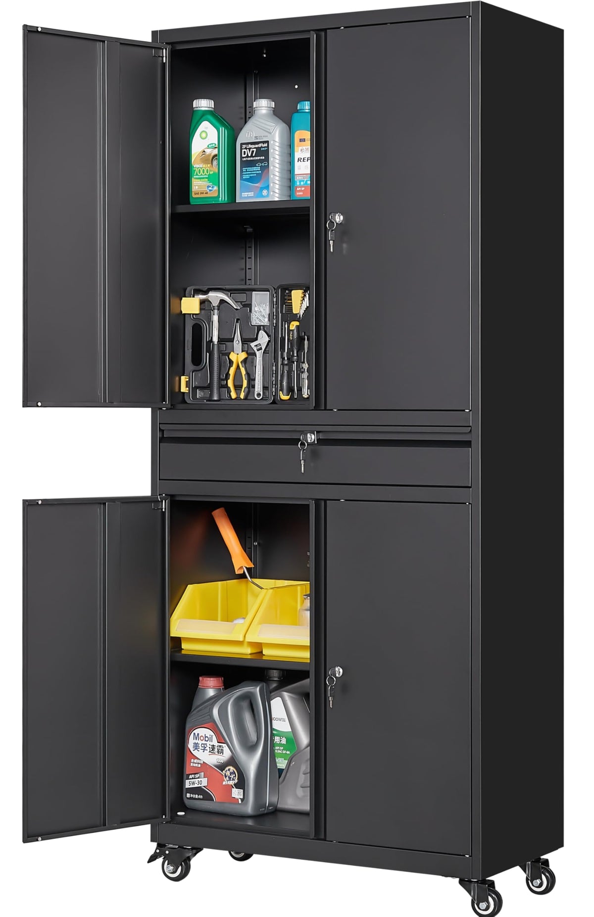 SISESOL 75" Tall Metal Storage Cabinet with Wheels,Rolling Garage Storage Cabinet with Lock,Black Metal Cabinets with Wheels and Shelves,Deep Heavy Duty Tool Locker for Garage,Home,Office,Shop