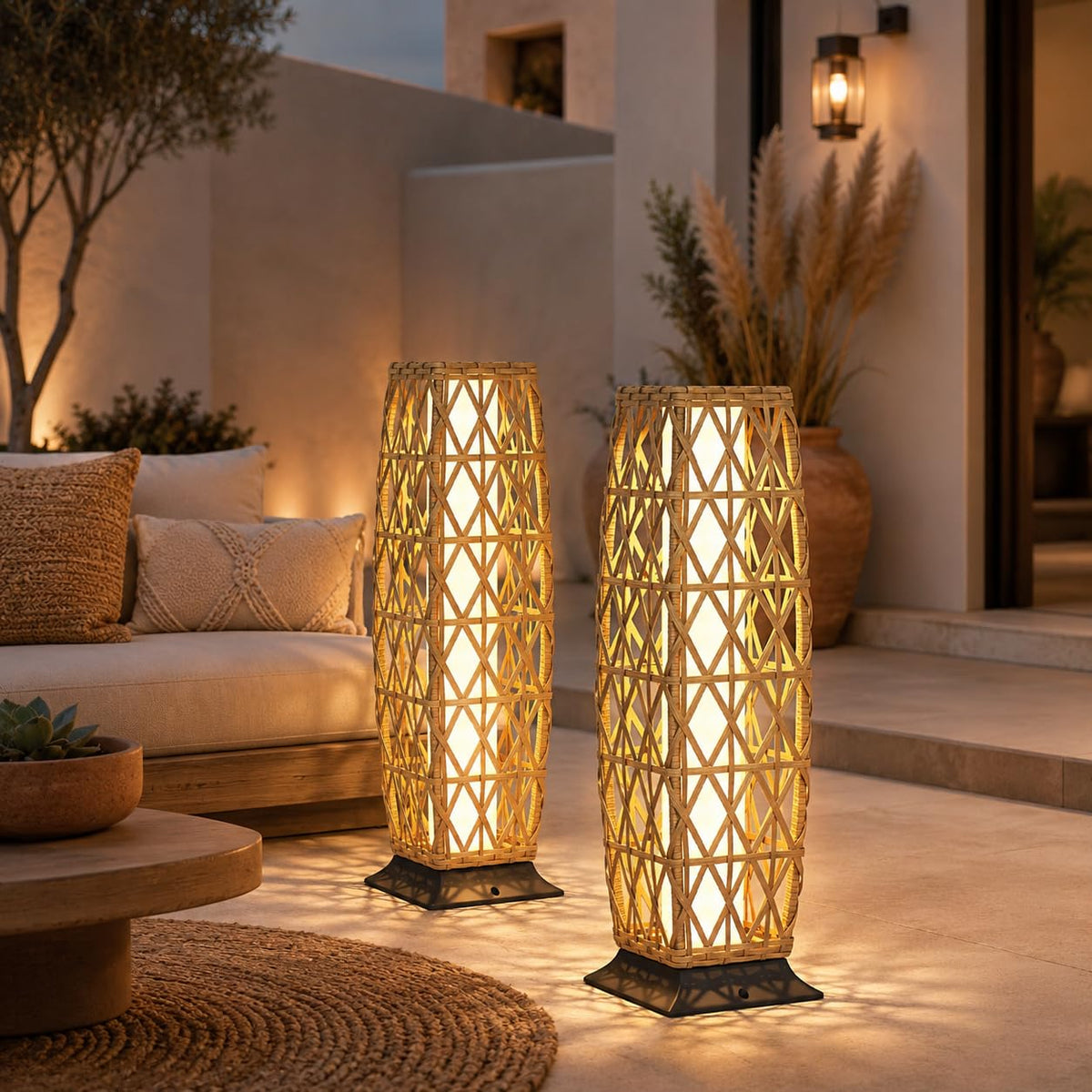 Grand patio 2-Piece Outdoor Floor Lamp Solar Powered Lantern Waterproof Wicker Boho Deck Lights for Garden Porch Decor, Large Crossover