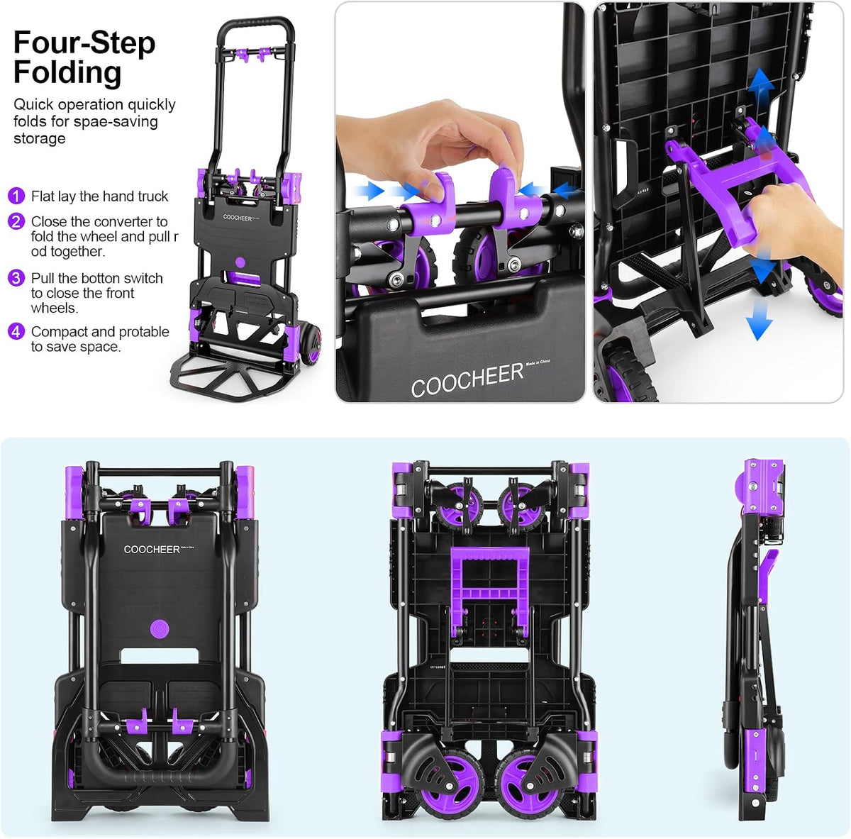 Folding Hand Truck Dolly, 330lb Convertible 4 to 2 Wheel Moving Cart,Purple