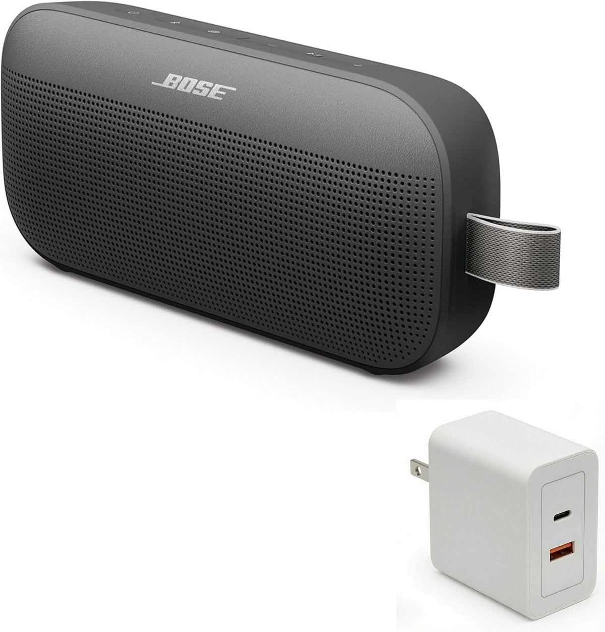Bose SoundLink Flex Bluetooth Speaker (2nd Gen) Bundle with Fast Charger - Portable Outdoor Speaker with Hi-Fi Audio, Waterproof and Dustproof, USB-C, Up to 12 Hours Battery Life, (Black)