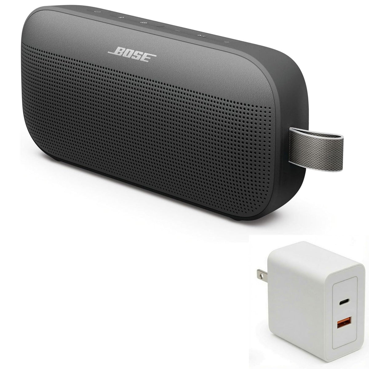 Bose SoundLink Flex Bluetooth Speaker (2nd Gen) Bundle with Fast Charger - Portable Outdoor Speaker with Hi-Fi Audio, Waterproof and Dustproof, USB-C, Up to 12 Hours Battery Life, (Black)