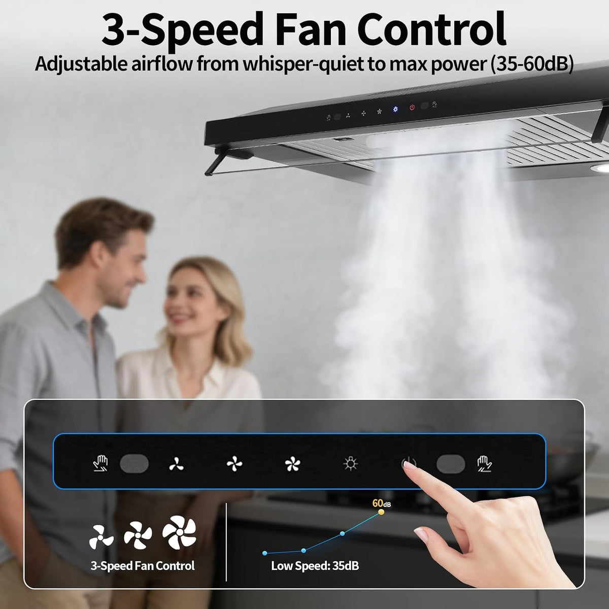 30In Under Cabinet Range Hood 900CFM Black Ducted/Ductless Range Hoods Kitchen Stove Vent Hood for Kitchen Stainless Steel Range Hoods,3-speed Fan,Touch Control/Gesture Sensing (900CFM 30in)