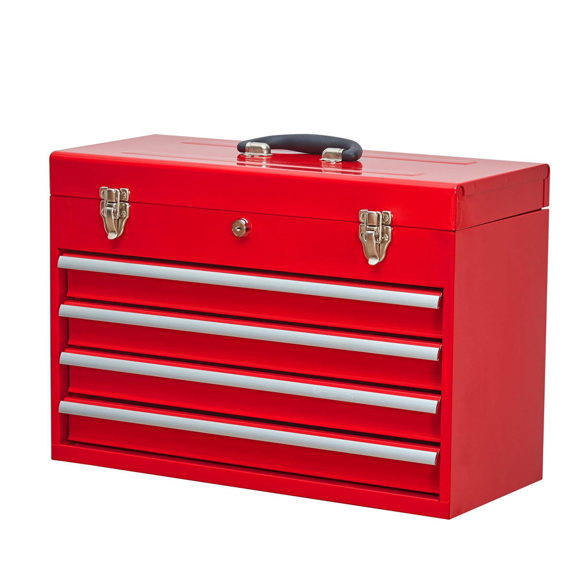 4 Drawers Metal Tool Box, 21" Portable Steel Tool Chest w/Key Lock&Latch Closure, Multi-Function Top Storage Tray Toolbox w/Powder Coating&Ball Bearing Slides (Style 1-4 Drawers - Blue)